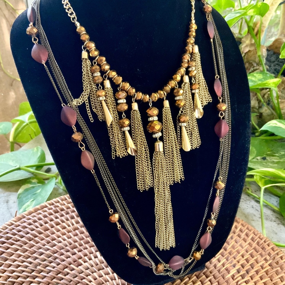 Two Stunning Golden Bronze NECKLACES Gold TASSEL  ⭐️GLASS FACETED BEAD